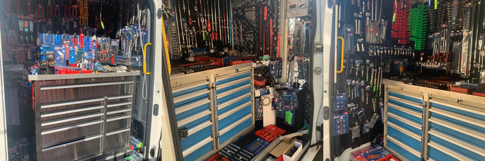 Tool chests and workshop tools displayed in the mobile showroom